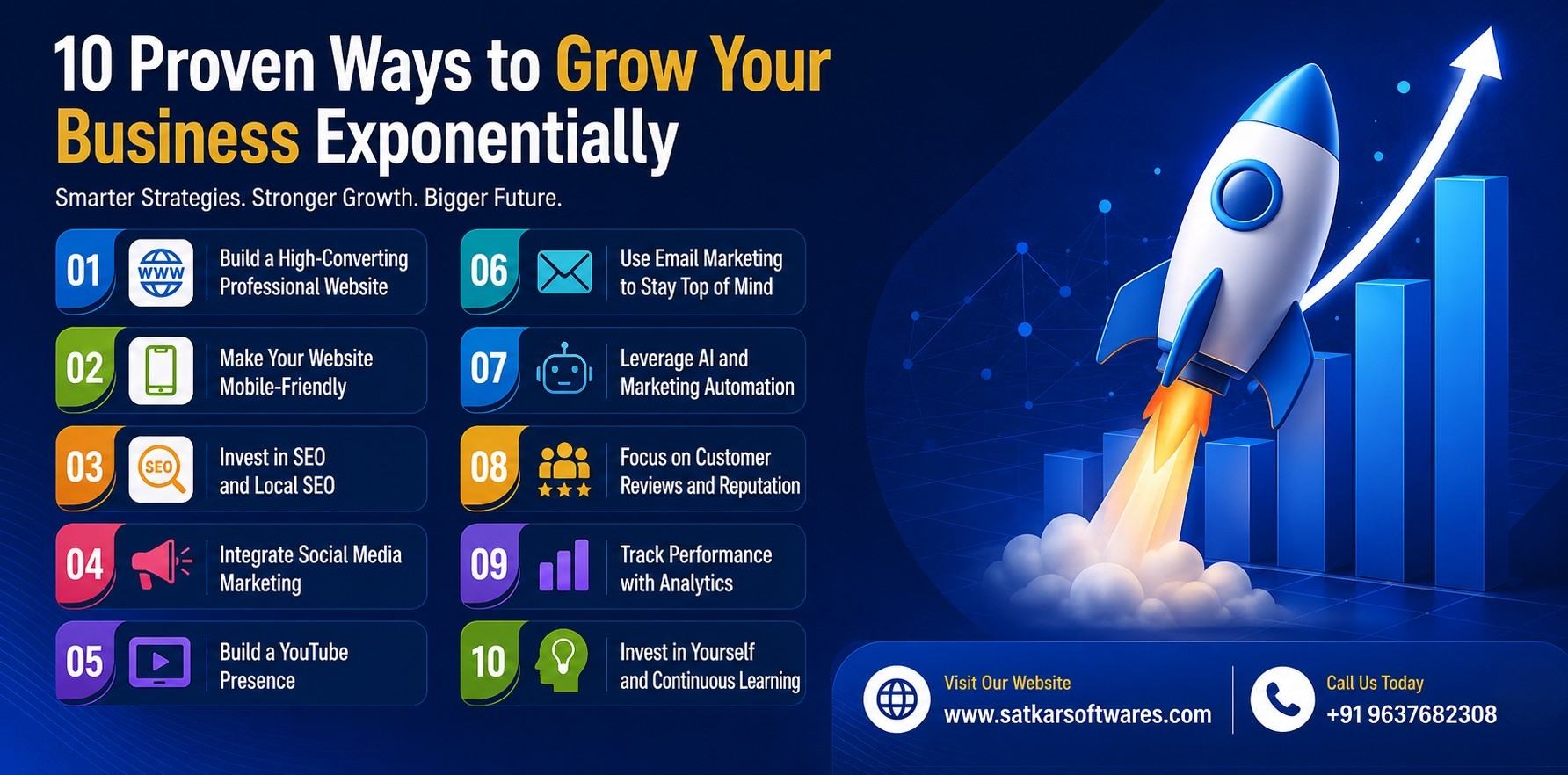 Rocket launching beside a rising bar chart and ten business growth tactics