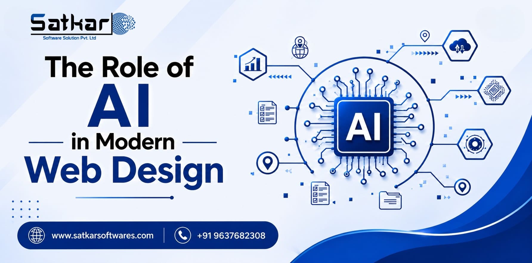 AI chip on a circuit board connected to web design icons