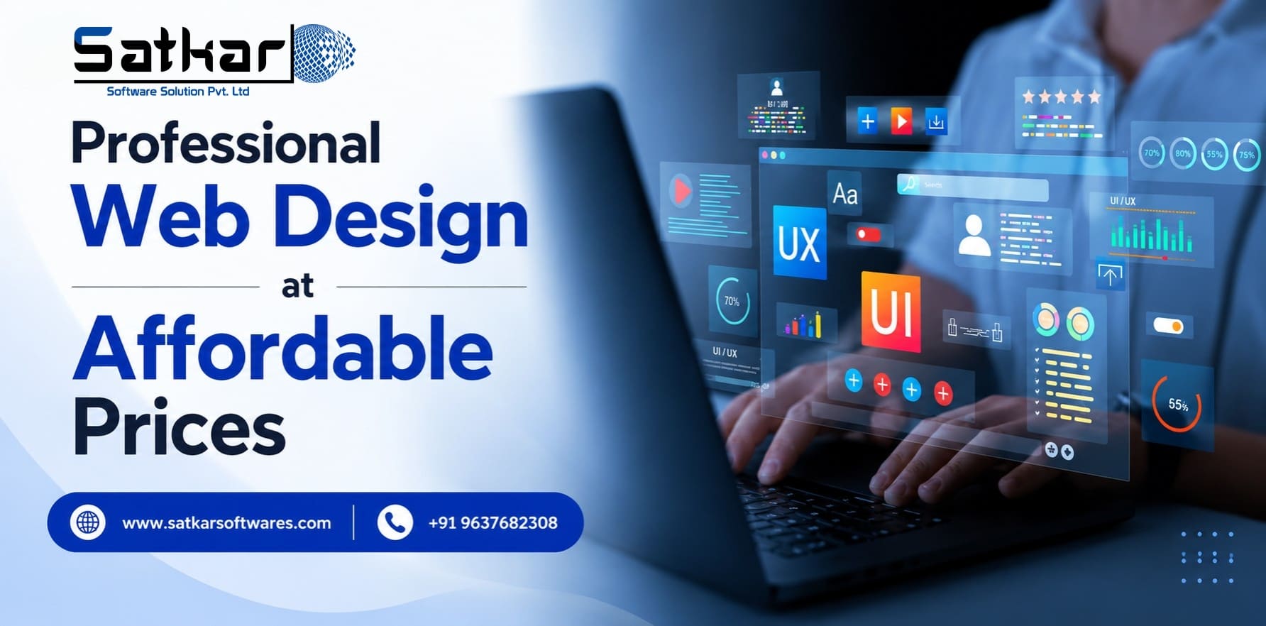 Hands on a laptop beneath floating UX and UI web design panels