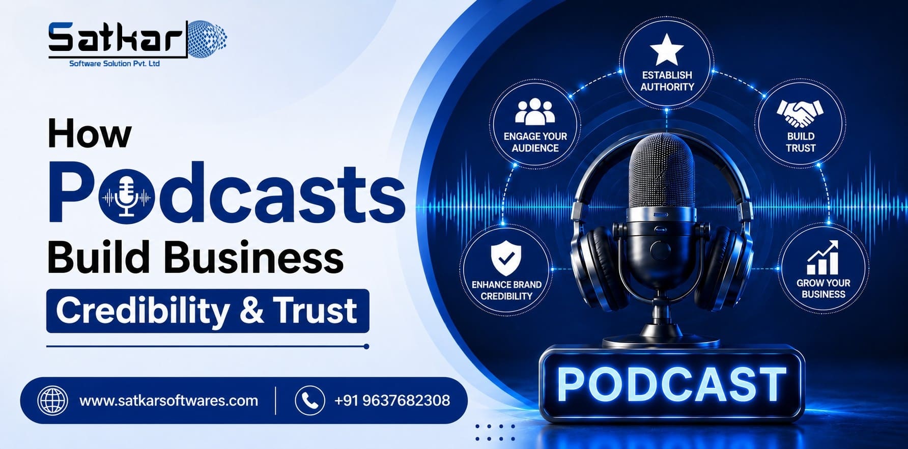 Studio microphone and PODCAST sign surrounded by trust and authority icons