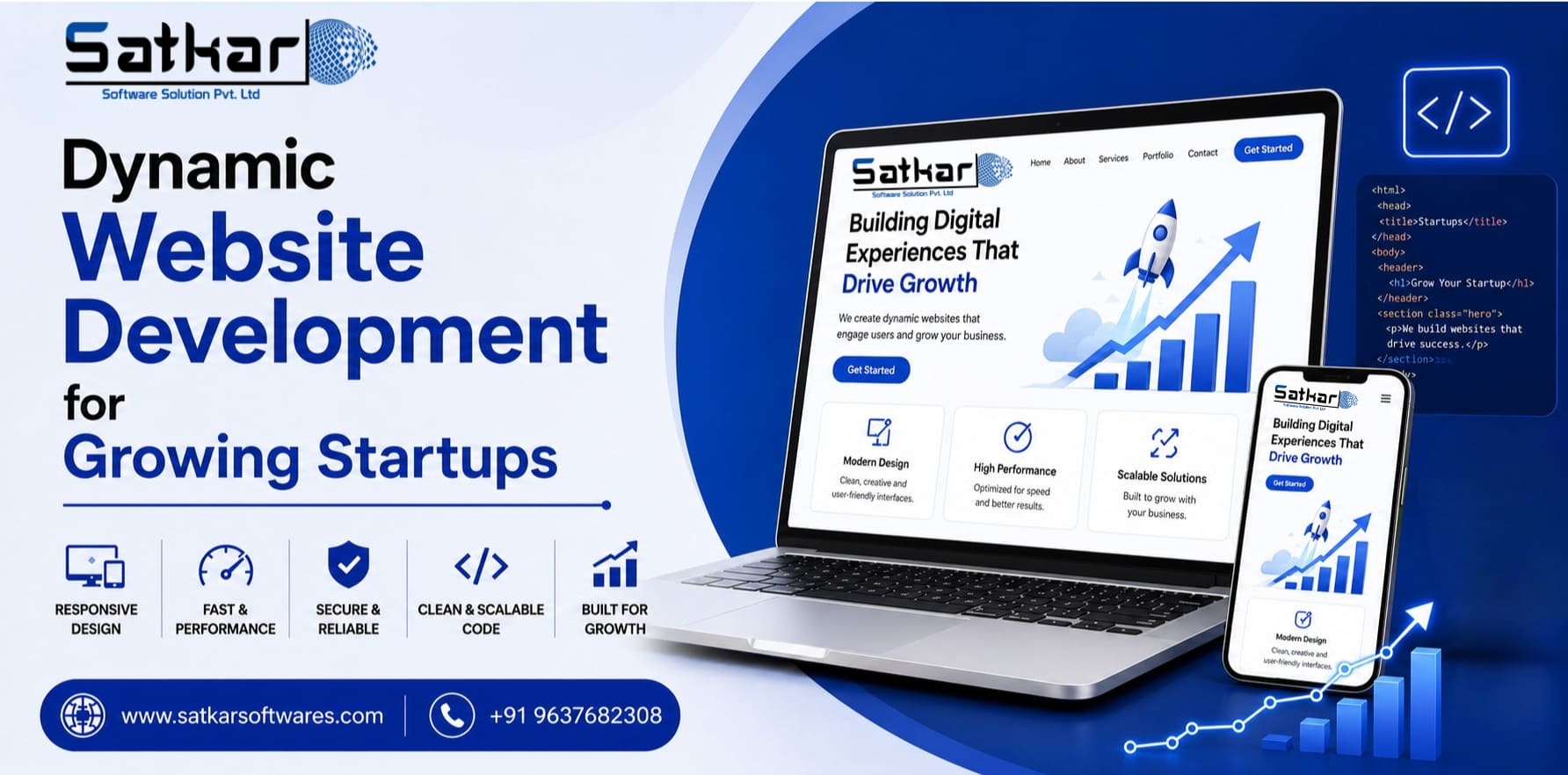 Startup website on a laptop and smartphone with a launching rocket