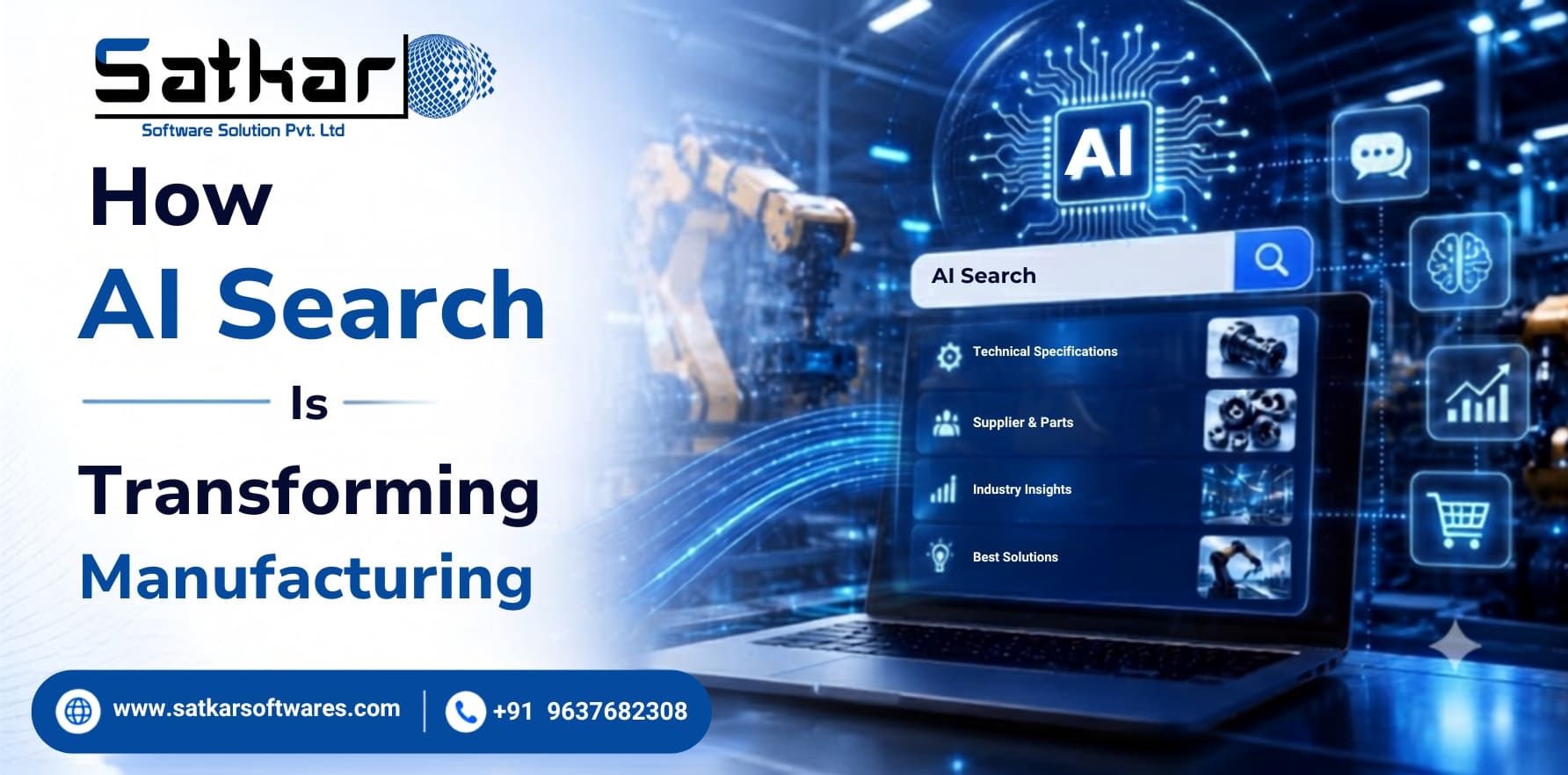 Robotic arm beside an AI search panel showing manufacturing supplier results