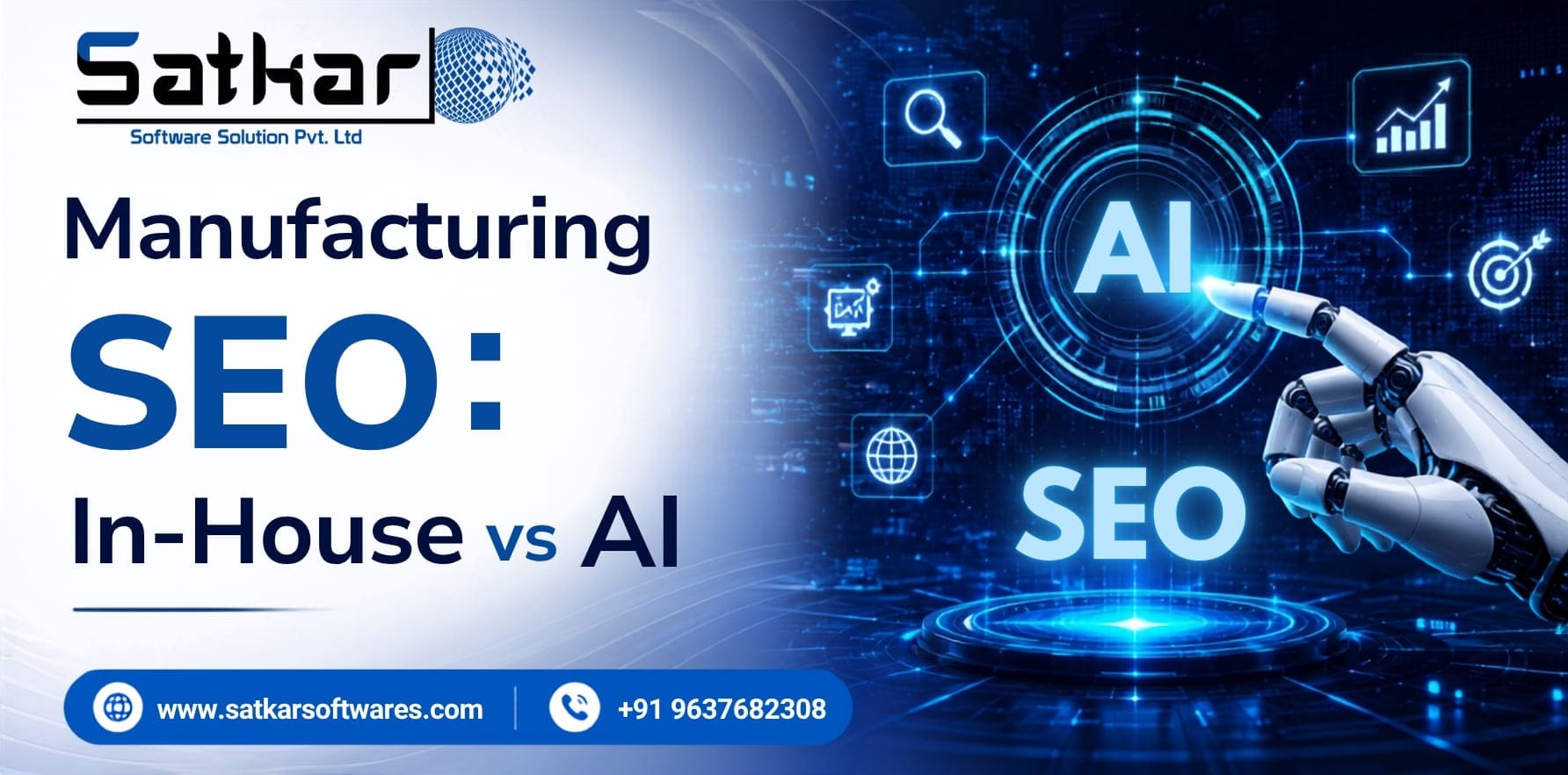 Robotic hand reaching toward AI and SEO icons comparing in-house and AI-led SEO