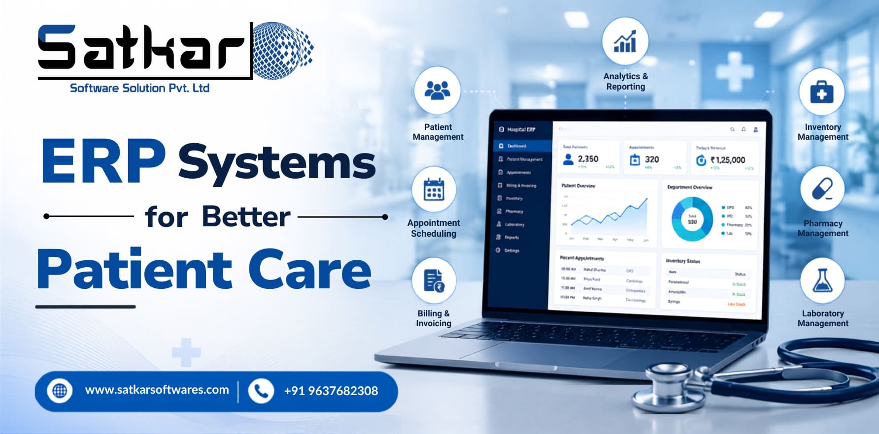 Hospital ERP dashboard on a laptop with patient care and billing icons