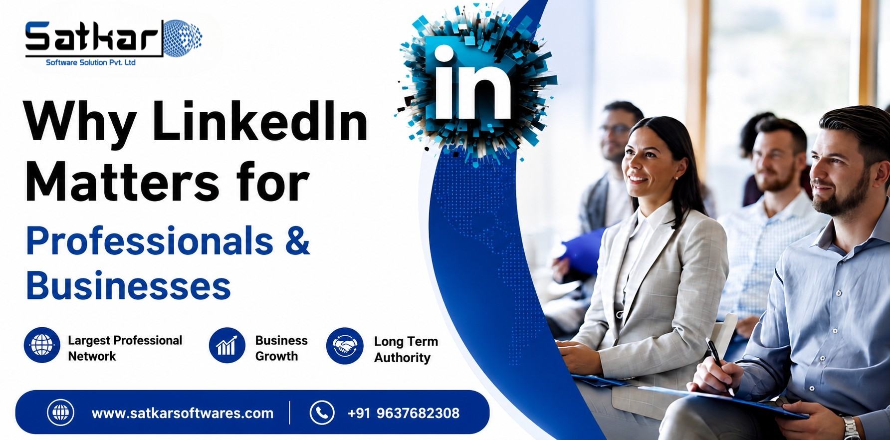 Professionals attending a LinkedIn workshop beside the LinkedIn logo