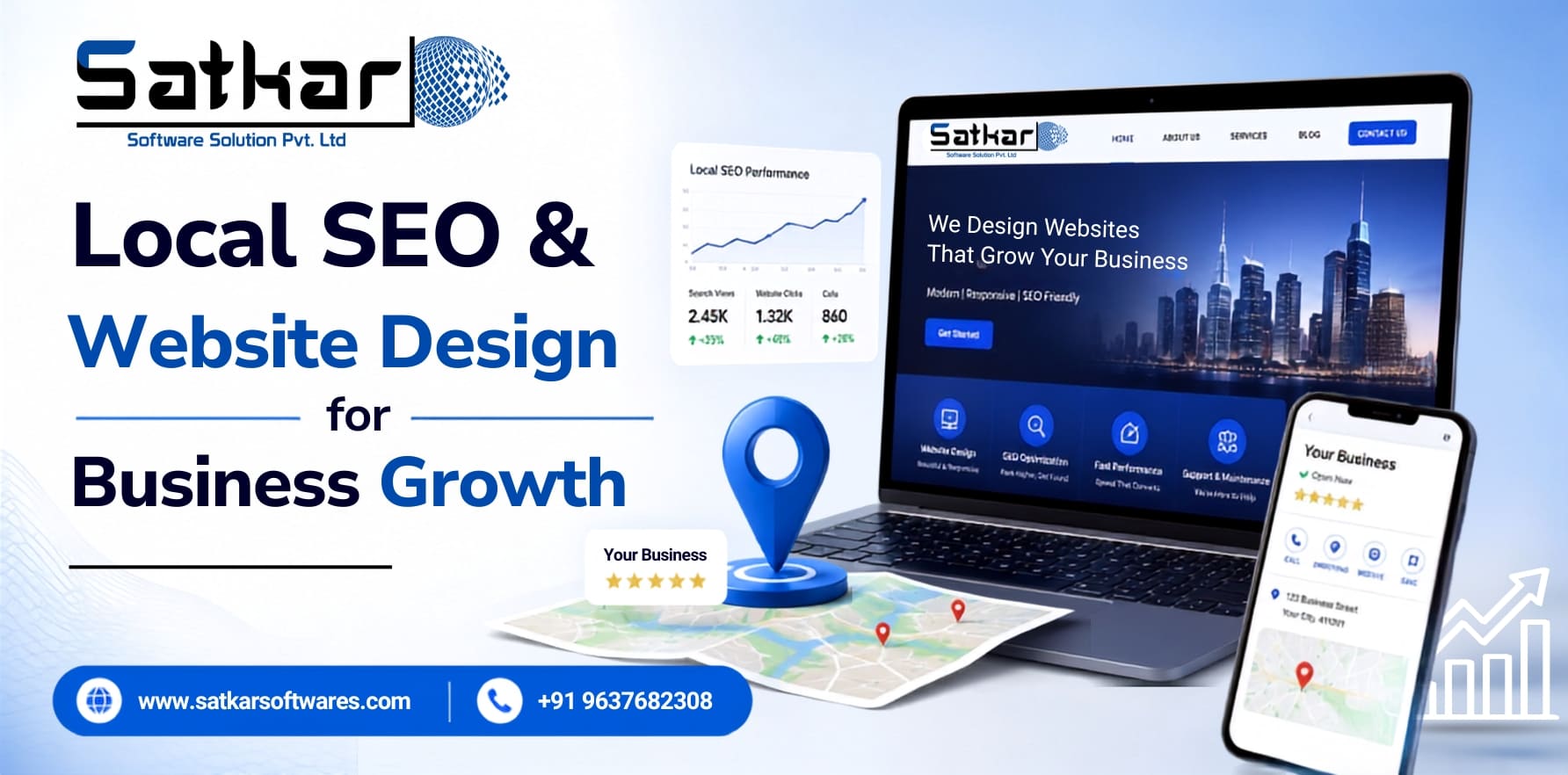Local SEO and website design banner with a business website on laptop and phone beside a map pin