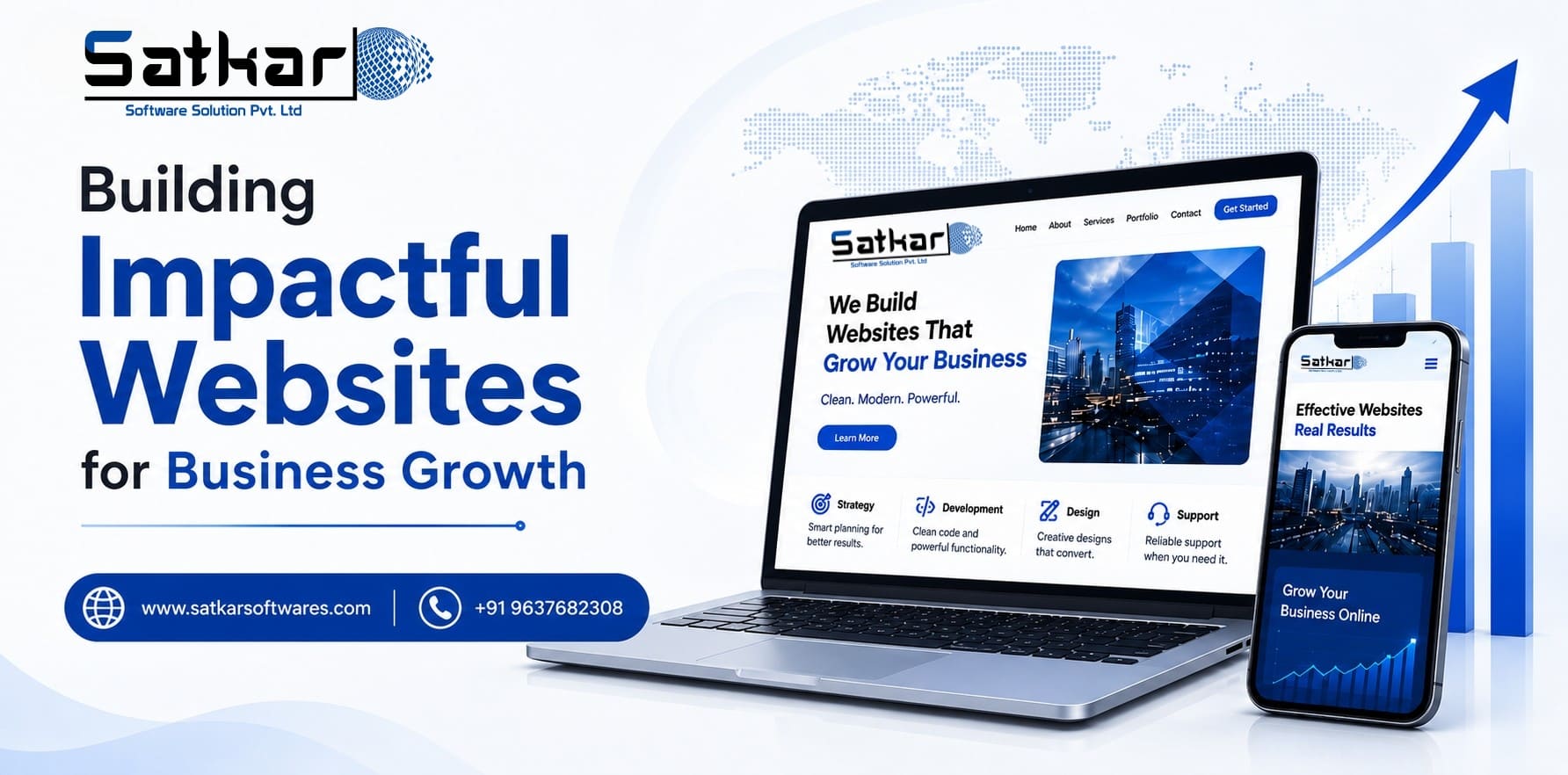 Corporate website on a laptop and smartphone with rising growth bars
