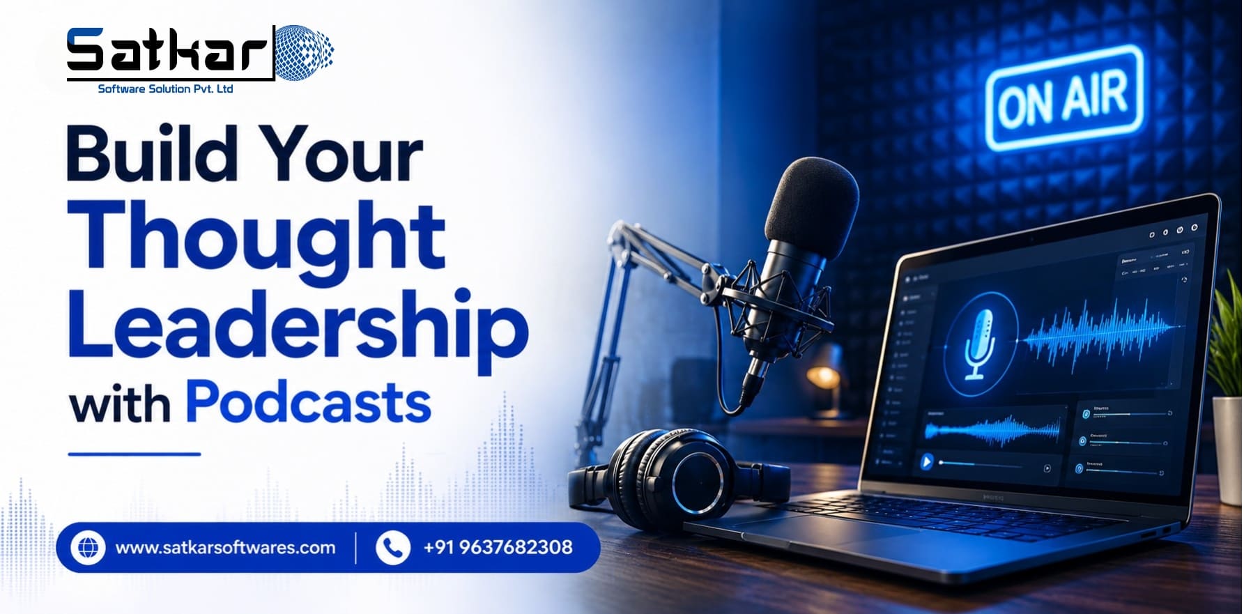 Podcast studio microphone and ON AIR sign beside a laptop with an audio waveform