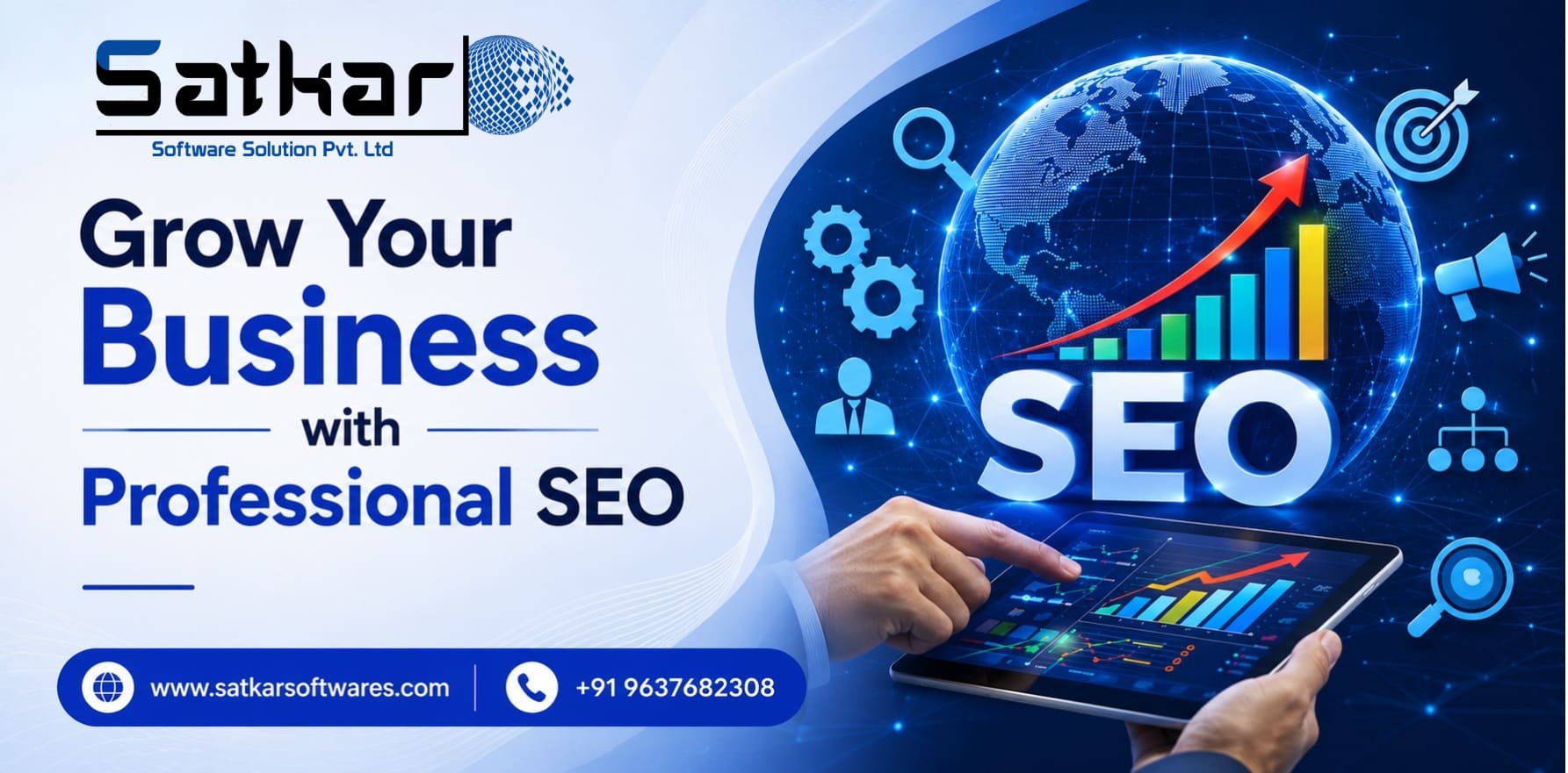 Hand holding a tablet with SEO analytics beside a globe and large SEO lettering
