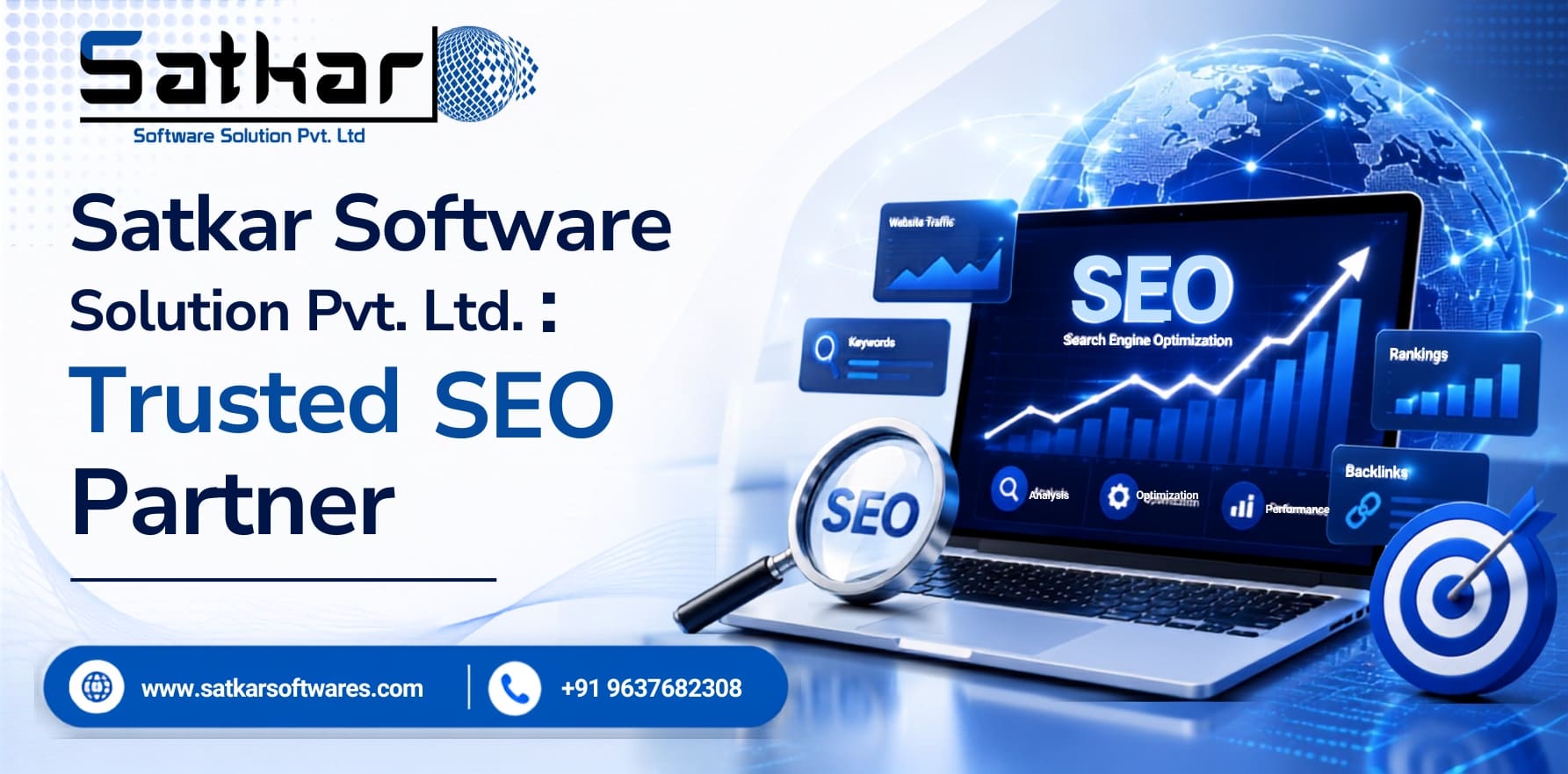 Laptop with an SEO growth chart, magnifying glass and target