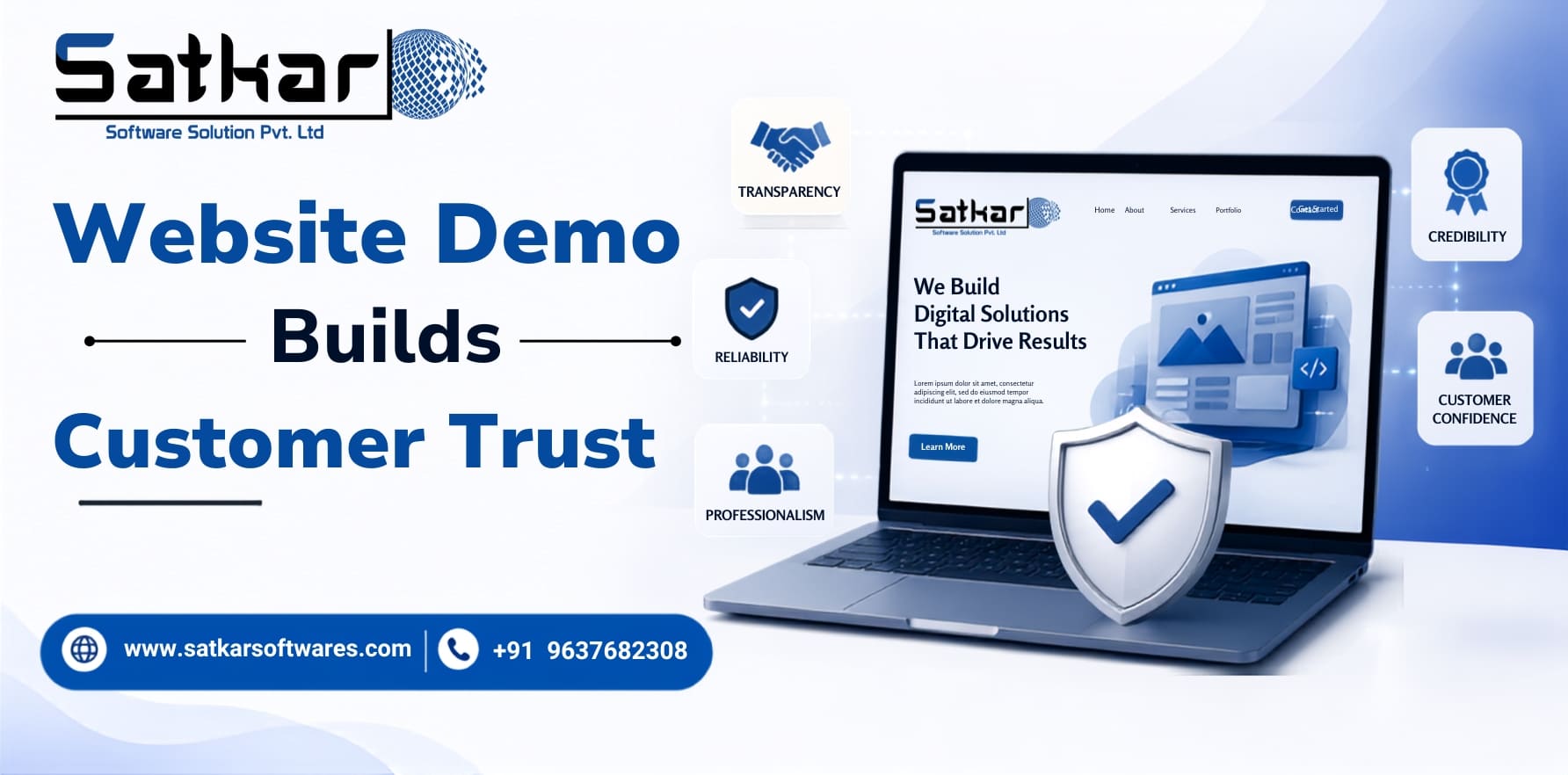 Website demo on a laptop with a shield check mark symbolising customer trust