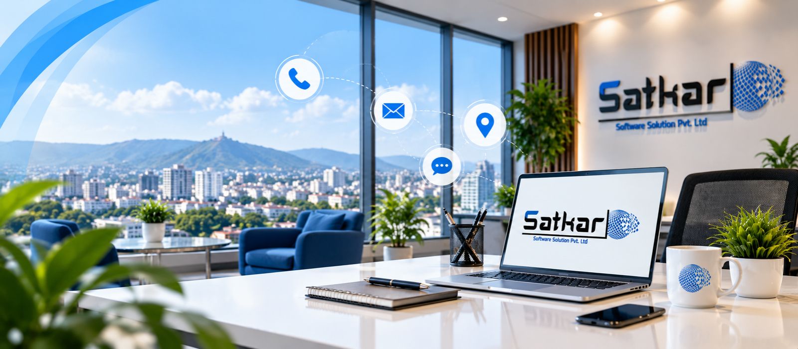 Satkar office desk with a laptop and floating call, email and location icons
