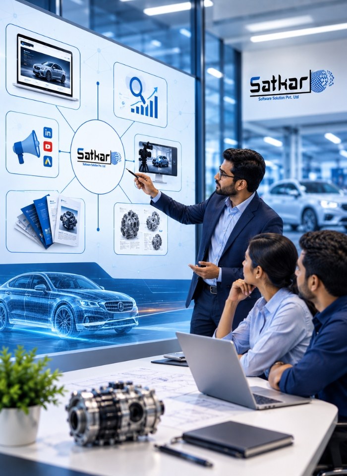 Presenter explaining an automotive marketing plan on a Satkar board