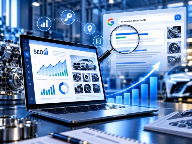 Laptop with an SEO dashboard and search results for automotive components