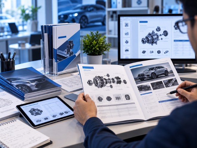 Person reading an automotive parts catalogue beside a gearbox