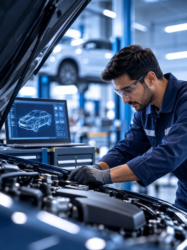 Technician inspecting a car engine bay in a workshop