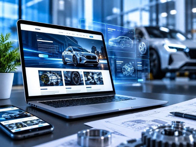 Automotive company website on a laptop and phone