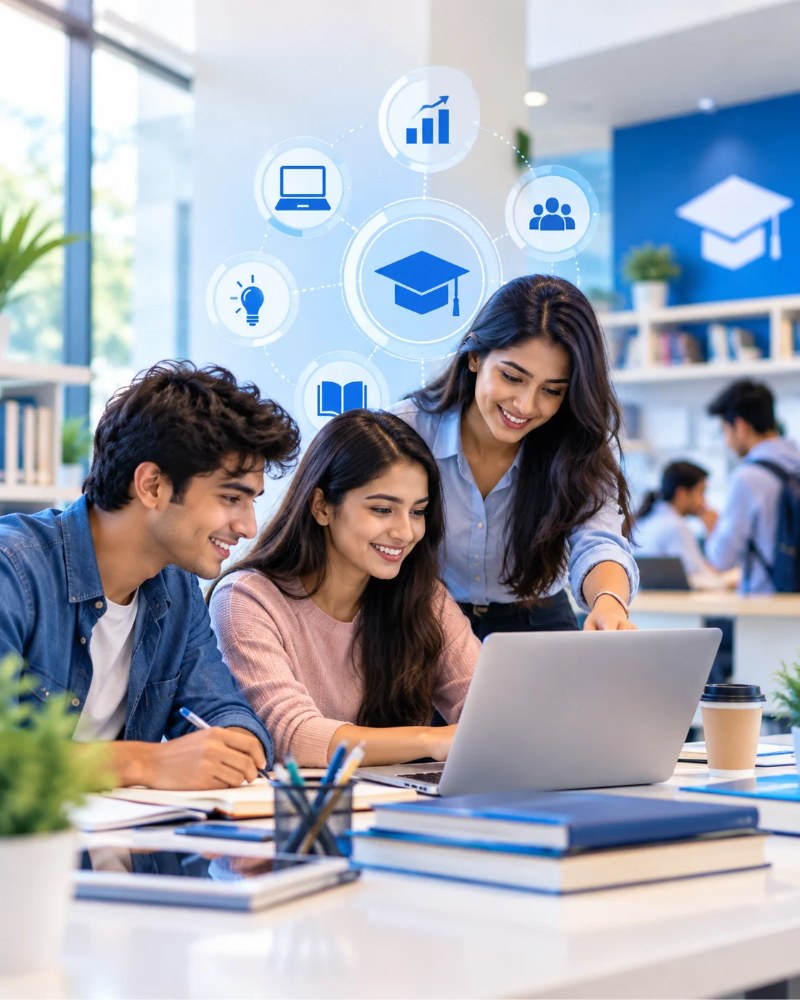 Three students learning together on a laptop with education icons