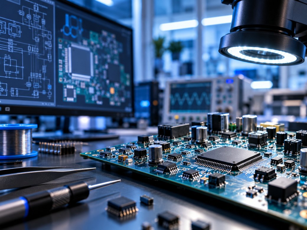 Printed circuit board beside monitors showing circuit schematics in an electronics lab