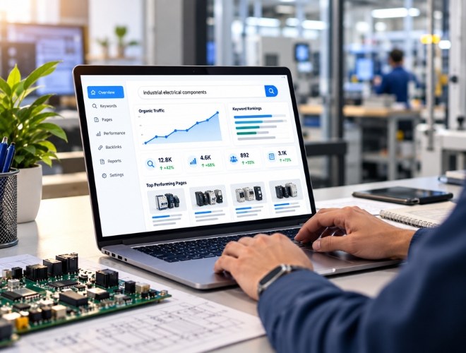 Search analytics on a laptop next to circuit boards for electronics SEO