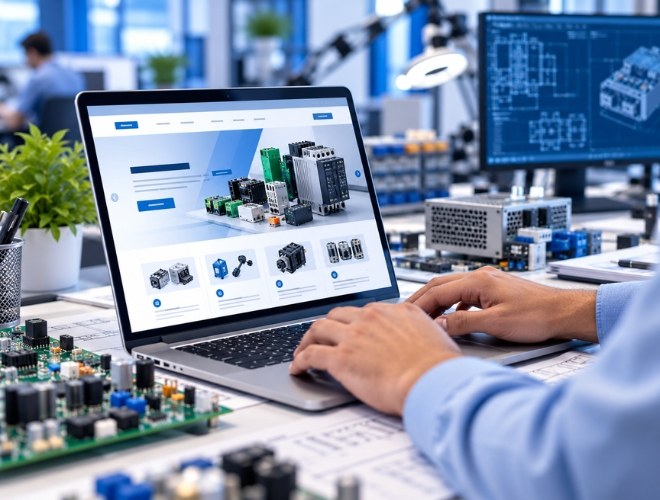 Electronics product website on a laptop beside circuit boards