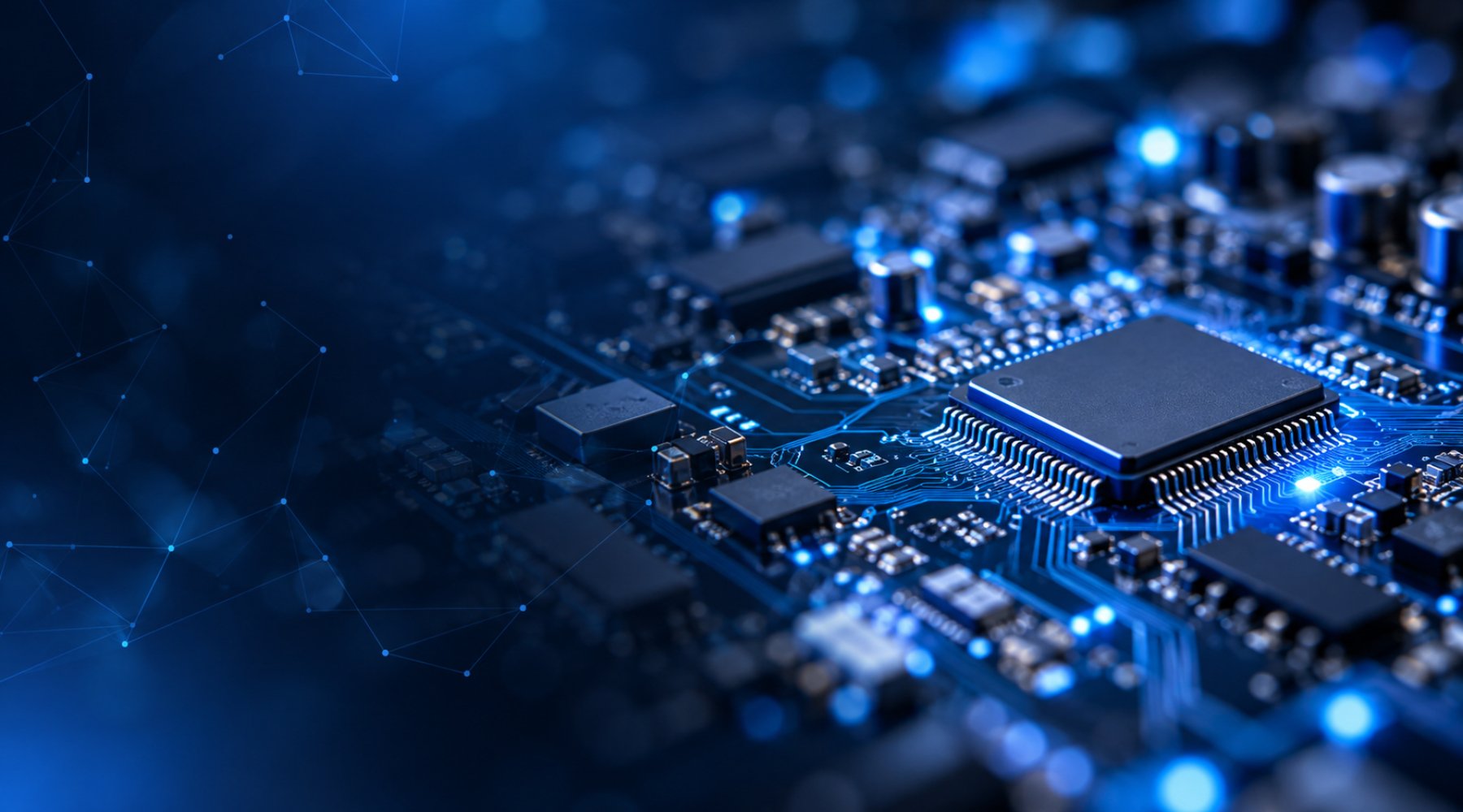 Close-up of a microchip on a glowing blue circuit board