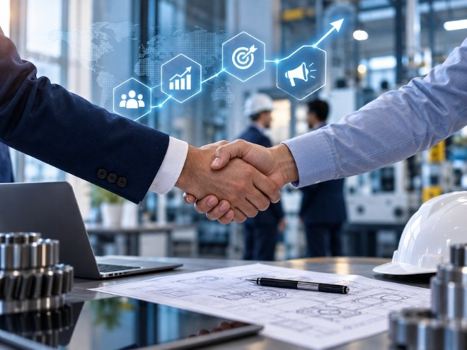 Business handshake over technical drawings with B2B marketing icons
