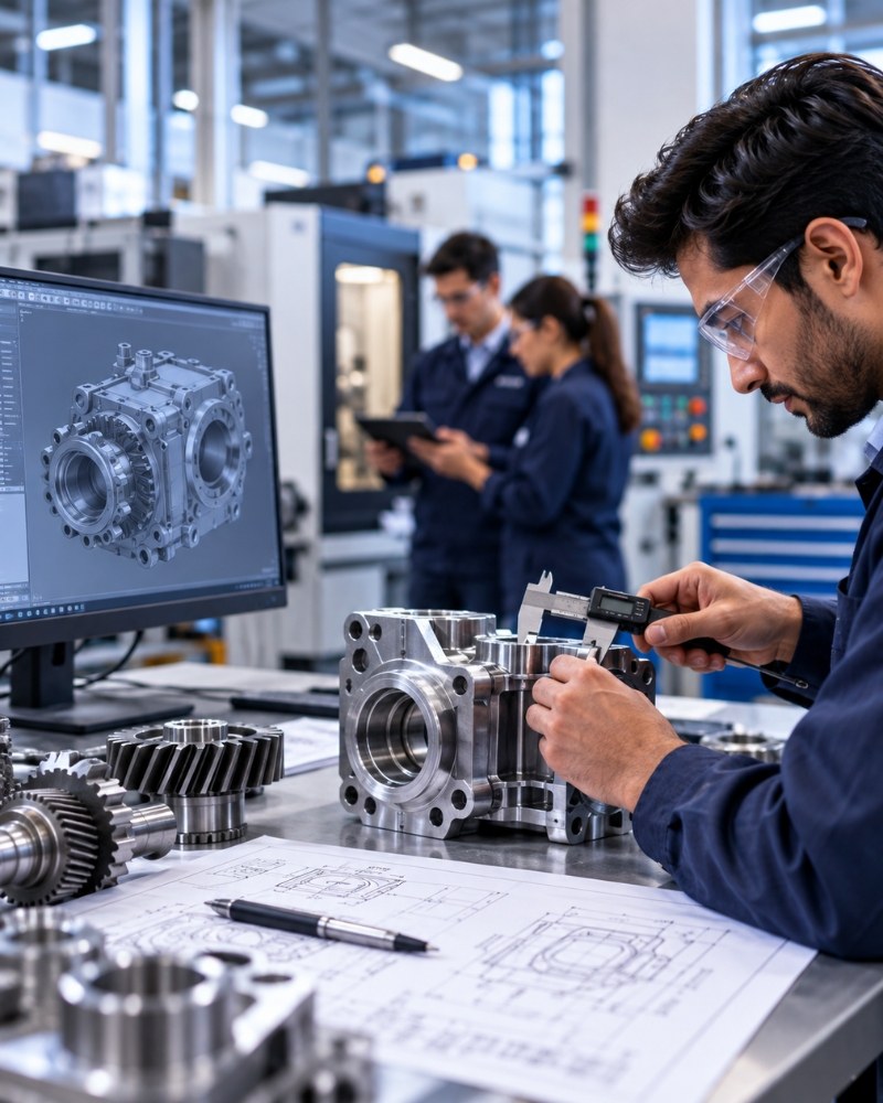 Engineer measuring a machined gearbox component beside CAD drawings