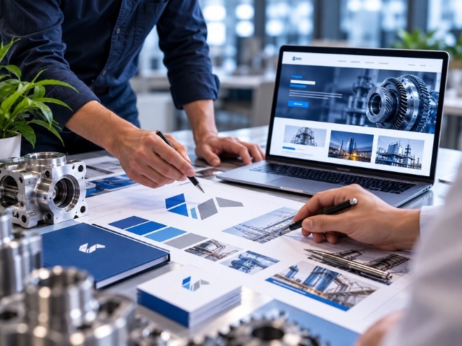 Engineering brand brochures and business cards with a laptop and machined parts