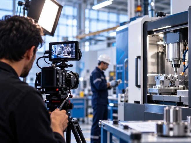 Camera operator filming CNC machinery for an engineering product video