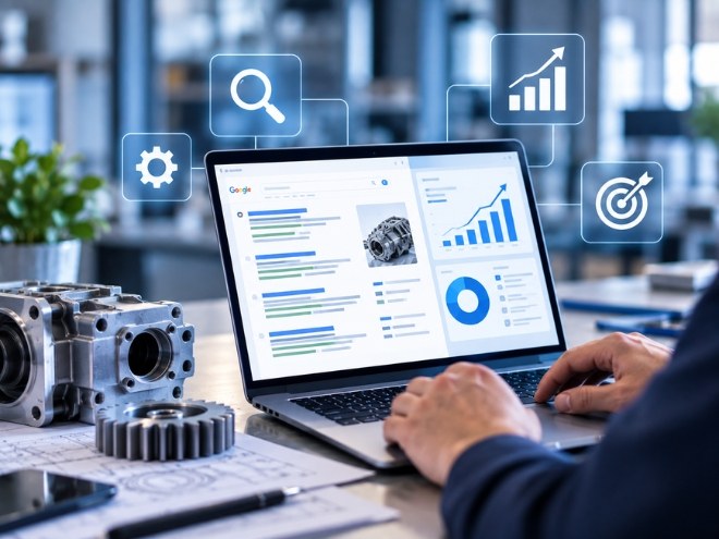 Search analytics on a laptop next to a gearbox model for engineering SEO