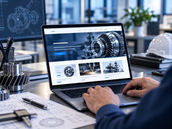 Engineering company website on a laptop beside gear components and drawings
