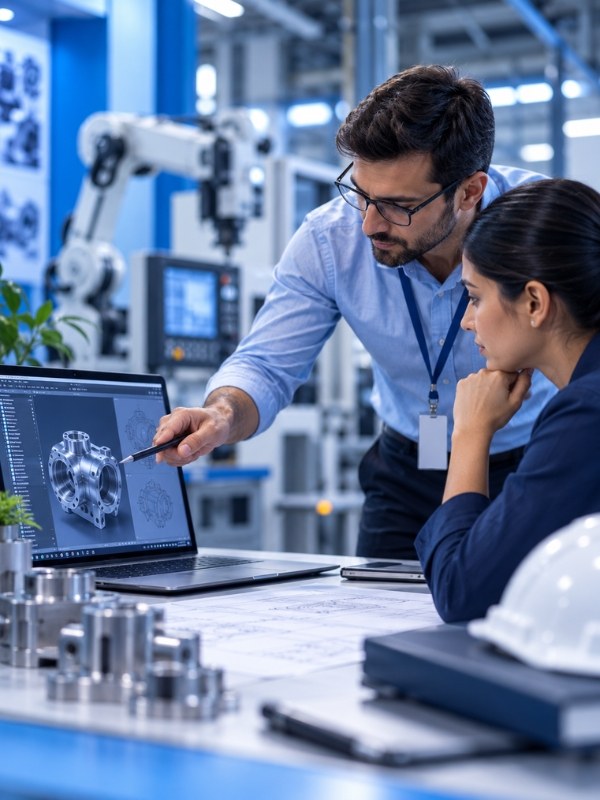 Two engineers reviewing a CAD model on a laptop in a workshop