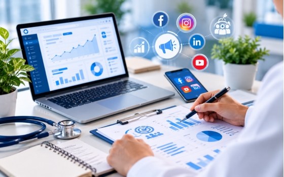 Healthcare marketing analytics on a laptop with social media icons
