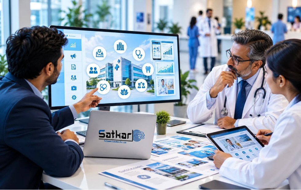 Doctors and a consultant reviewing a hospital website on a large screen