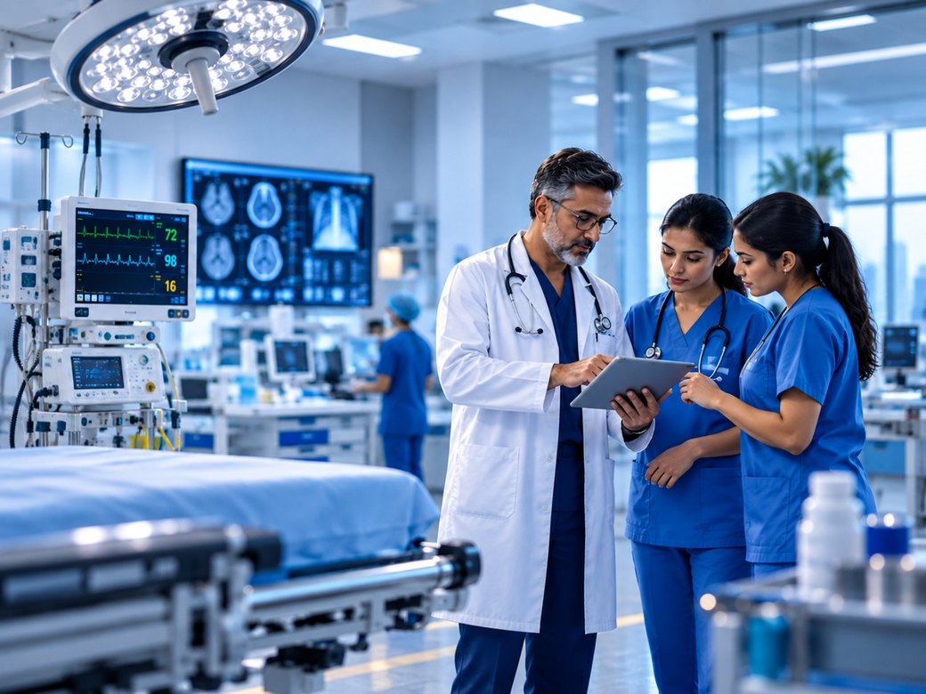 Doctor and nurses reviewing patient data on a tablet in a hospital