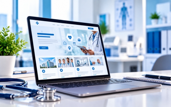 Healthcare website on a laptop beside a stethoscope