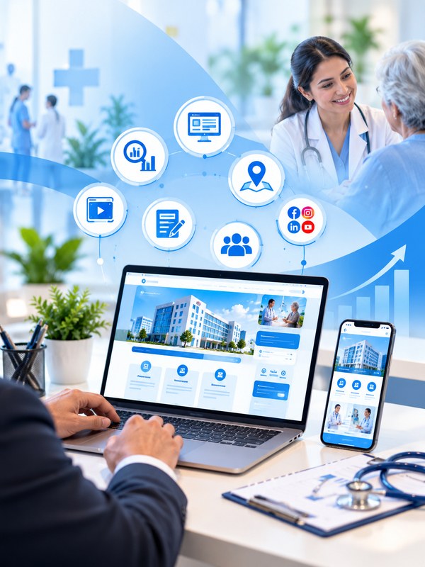 Hospital website on a laptop and phone with healthcare service icons