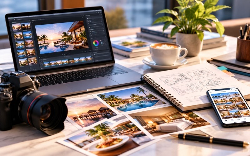 Laptop with hotel photos, a camera and printed images for content planning
