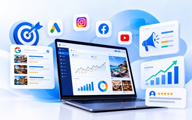 Hospitality campaign dashboard on a laptop with ad platform icons