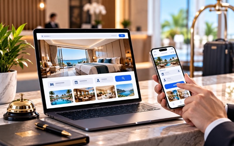 Hand booking a hotel room on a phone beside a laptop booking site
