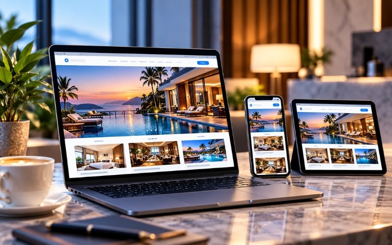 Resort website shown on a laptop, tablet and phone