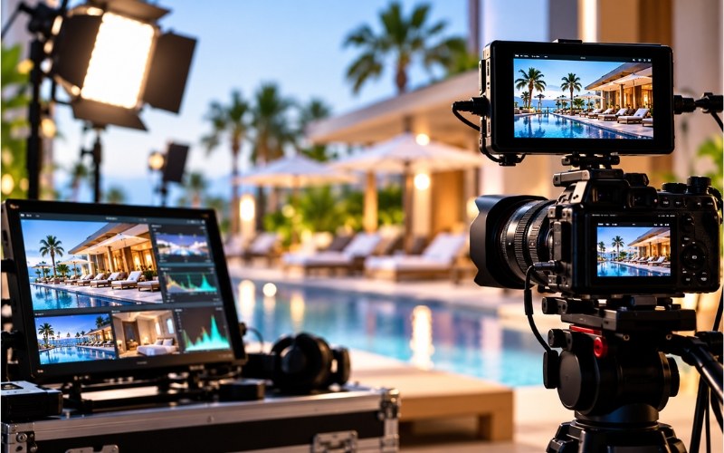 Cinema camera filming a resort pool at sunset