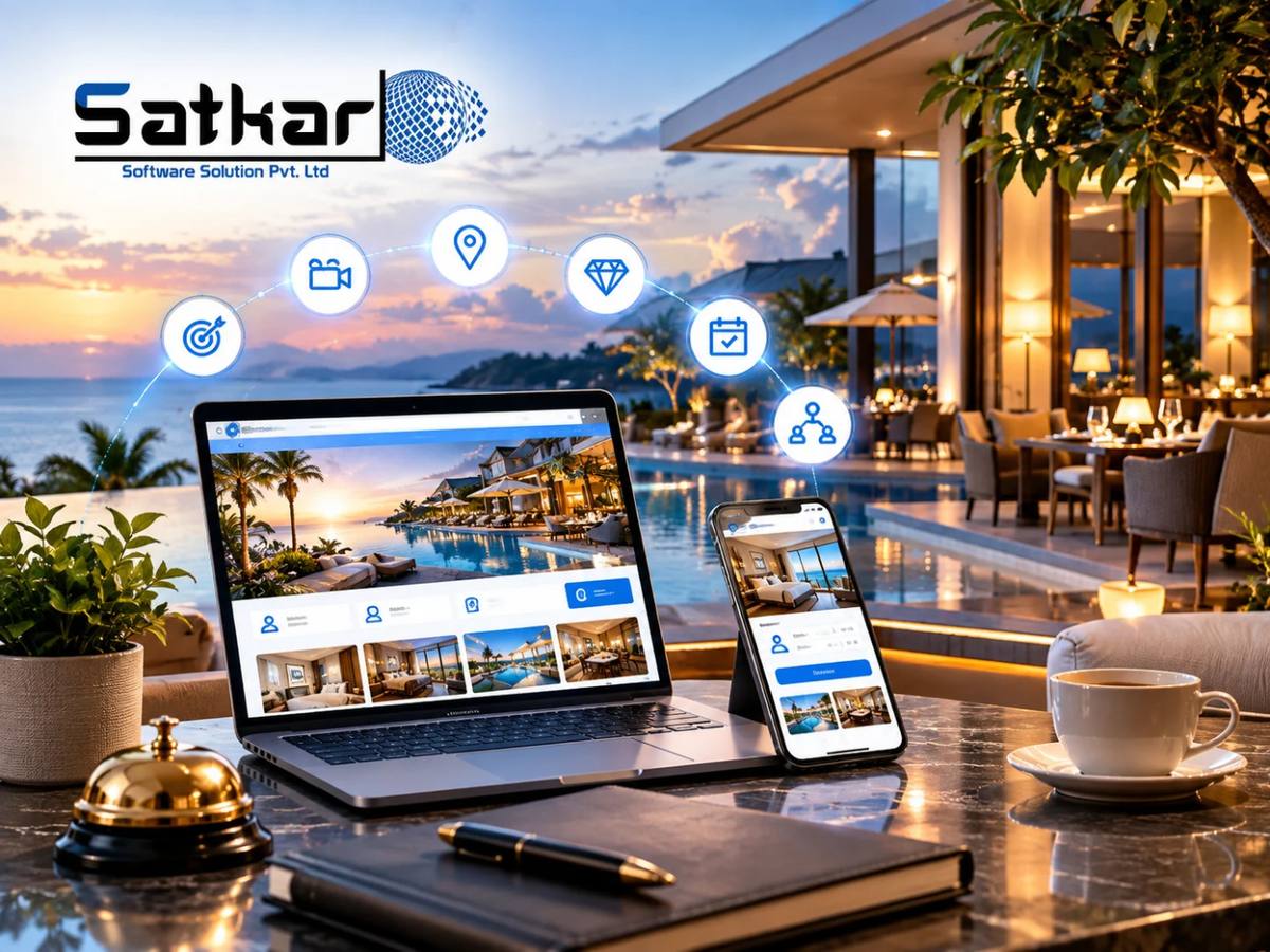 Resort website on a laptop and phone on a terrace at dusk