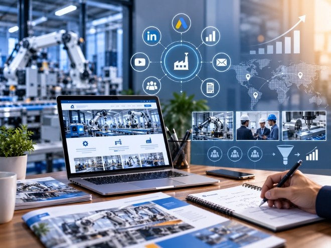 Laptop with an automation website and digital marketing channel icons