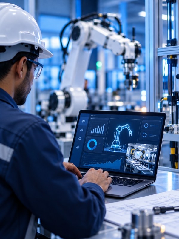 Engineer in a hard hat monitoring a robotic arm on a laptop