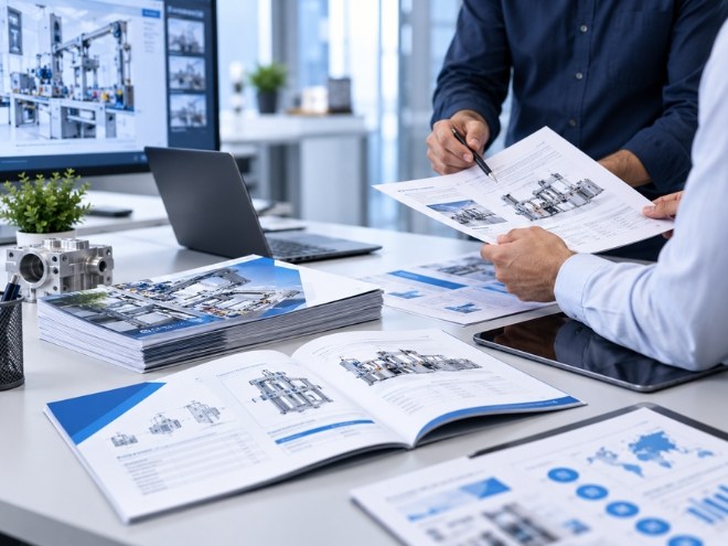 Hands reviewing printed automation product catalogues and brochures