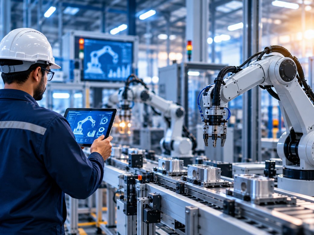 Technician supervising robotic arms on an automated assembly line