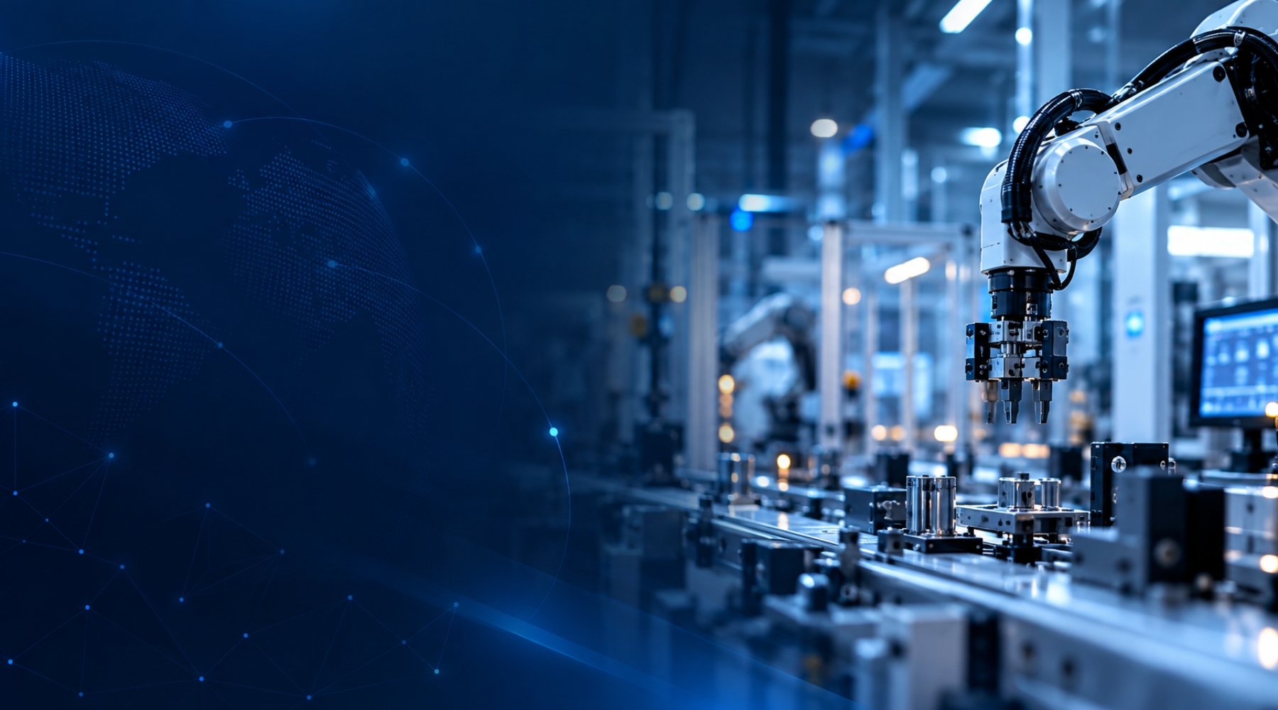 Robotic arm in a factory with a blue digital overlay