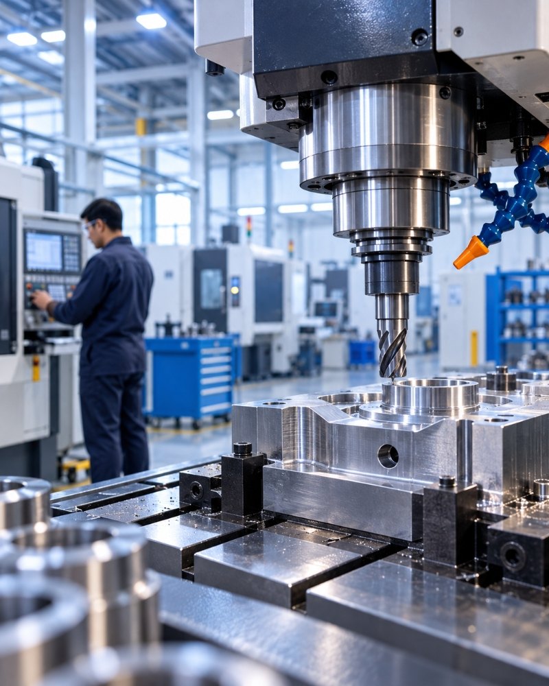 CNC milling machine machining a metal part in a precision manufacturing plant
